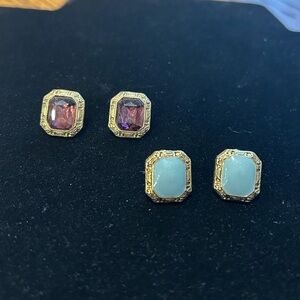 Two Pairs Vintage‎ Art Deco Style Faceted Gold Rectangle Stone Pierced Earrings